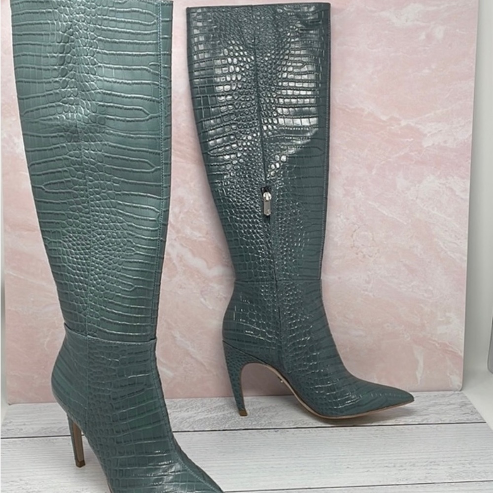 Sam Edelman Fraya Knee High Boot in Teal Mock Croc Leather - Picture 3 of 5